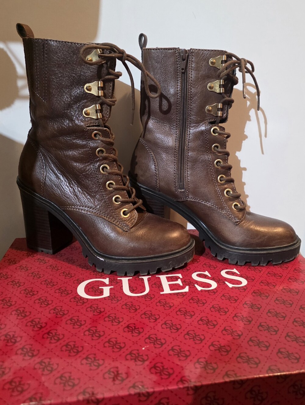 GUESS Brown Leather Lace-Up Heeled Combat Boots